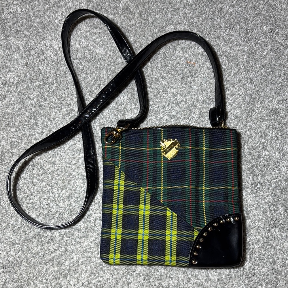 Vintage MAC cosmetics Plaid Crossbody Bag patent leather studded accent y2k 00’s